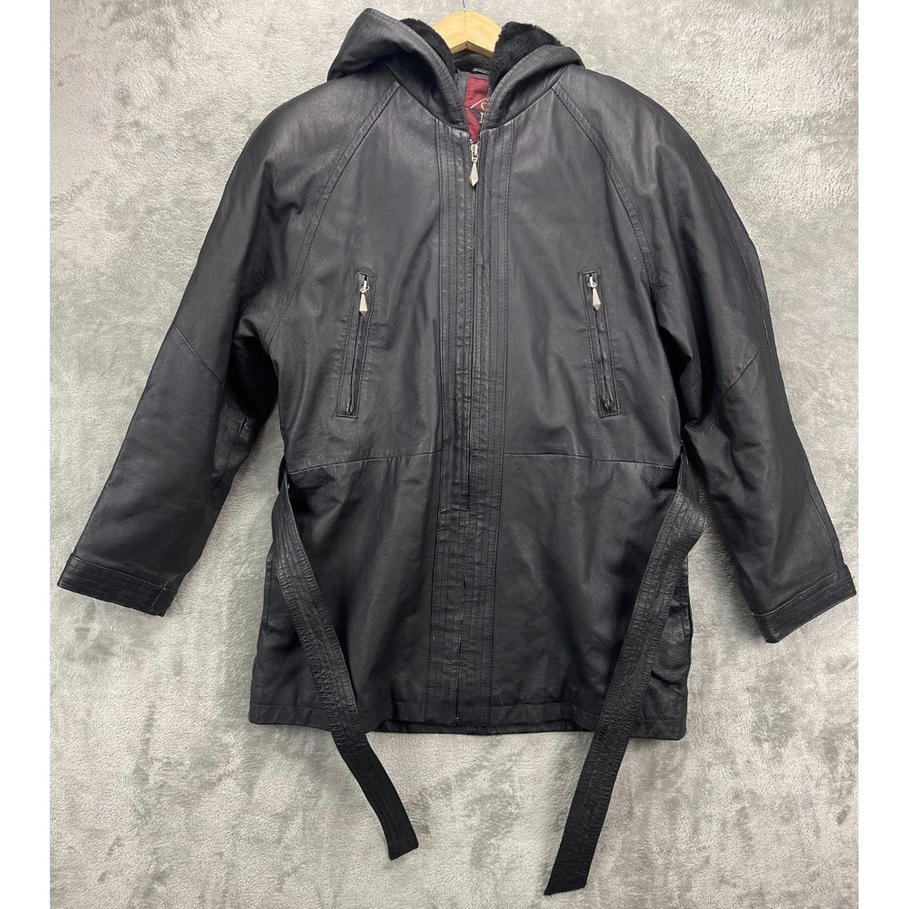 G-III Women's Hooded Leather Jacket Sz M Black Full Zip Belted